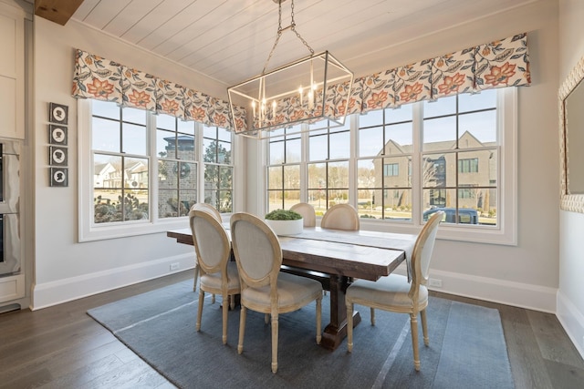 dining room with dark wood-type flooring, an inviting chandelier, and wood ceiling