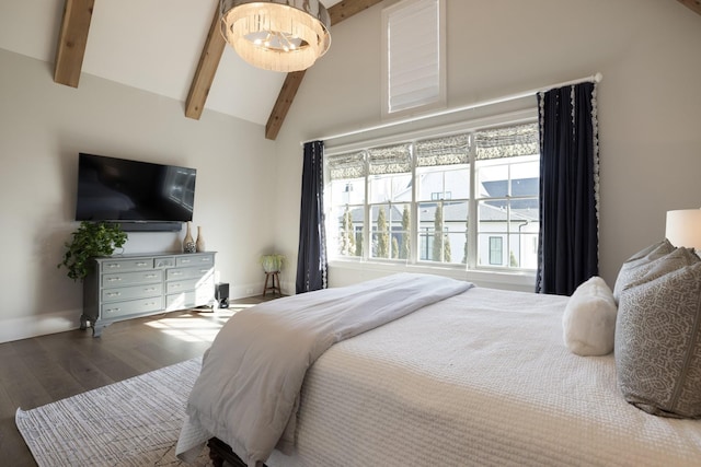 bedroom featuring hardwood / wood-style flooring, high vaulted ceiling, and beamed ceiling