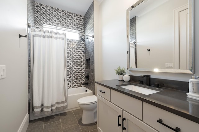 full bathroom with vanity, shower / tub combo, tile patterned floors, and toilet