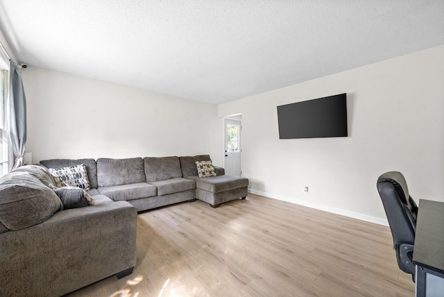 living room with light hardwood / wood-style floors and a textured ceiling