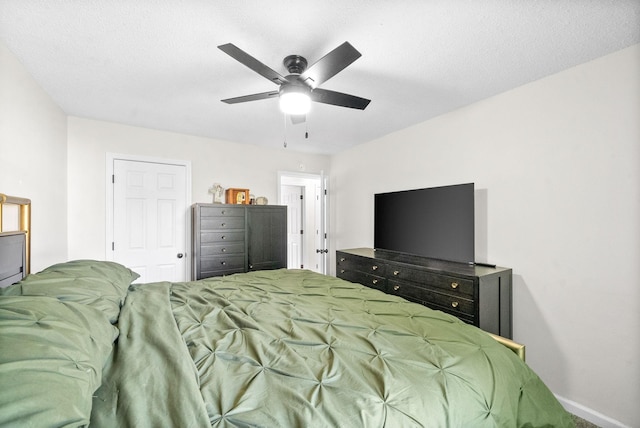 bedroom featuring a textured ceiling and ceiling fan