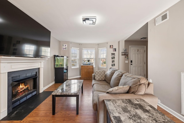 living room with dark hardwood / wood-style floors