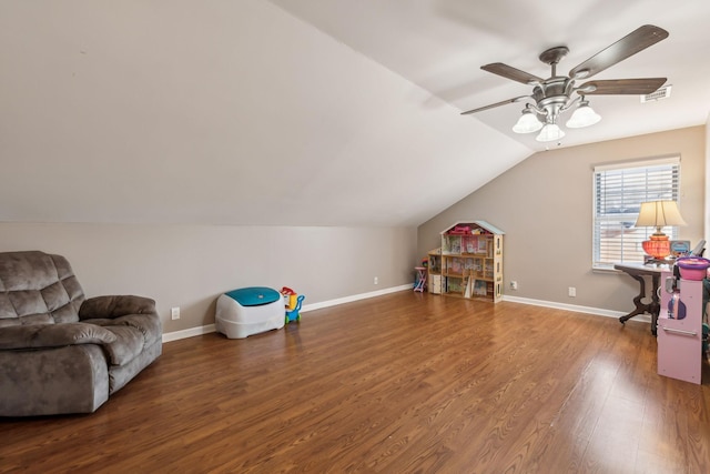 sitting room featuring wood-type flooring, lofted ceiling, and ceiling fan