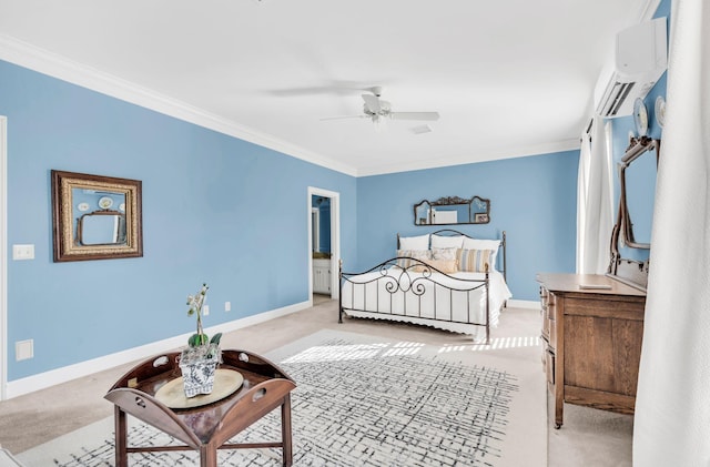 carpeted bedroom featuring crown molding, ceiling fan, and a wall unit AC