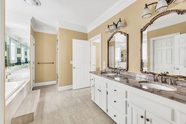 bathroom with vanity, plenty of natural light, ornamental molding, and a relaxing tiled tub