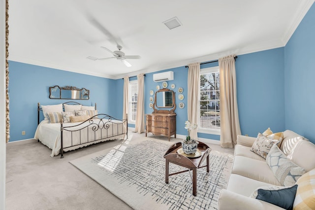 carpeted bedroom with ornamental molding, an AC wall unit, and ceiling fan