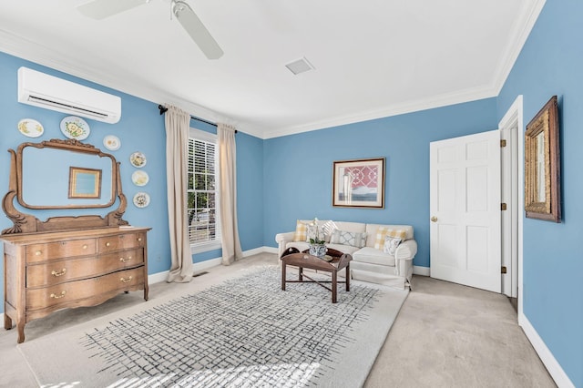 living area with ceiling fan, ornamental molding, a wall mounted air conditioner, and light carpet