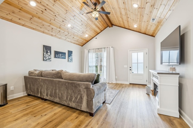 living room featuring high vaulted ceiling, beam ceiling, wooden ceiling, and light wood-type flooring