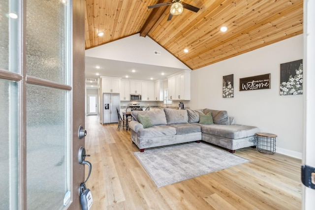 living room with wood ceiling, lofted ceiling with beams, and light wood-type flooring