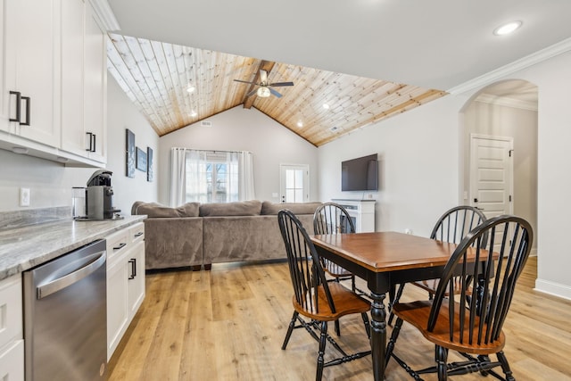 dining room featuring lofted ceiling with beams, wooden ceiling, ceiling fan, and light wood-type flooring