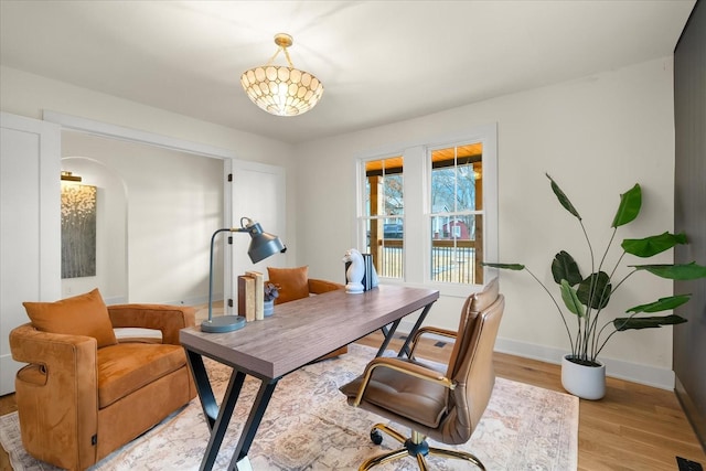 home office with light hardwood / wood-style floors