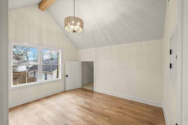 additional living space featuring beamed ceiling, high vaulted ceiling, a chandelier, and light hardwood / wood-style flooring