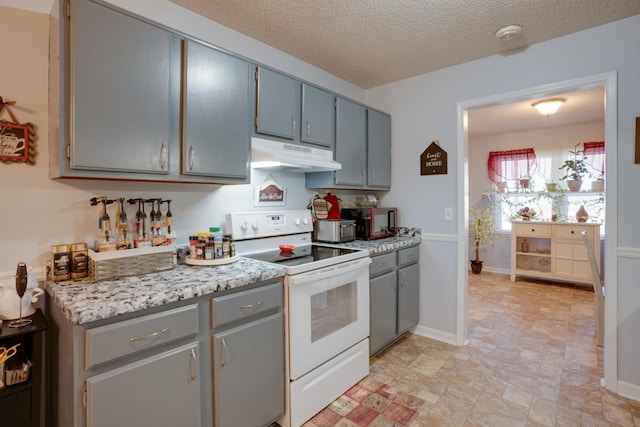 kitchen with white electric range, gray cabinets, and a textured ceiling