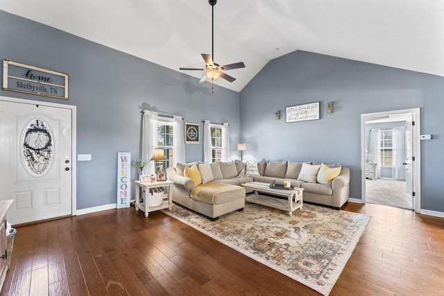 living room with ceiling fan, high vaulted ceiling, and hardwood / wood-style floors