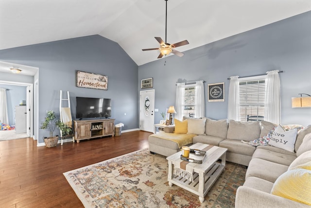 living room featuring ceiling fan, high vaulted ceiling, and dark hardwood / wood-style flooring