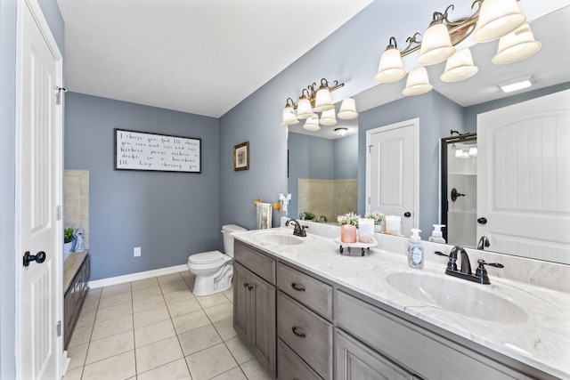 bathroom with tile patterned flooring, vanity, toilet, and walk in shower