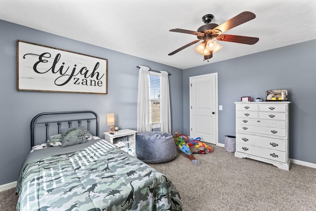 bedroom with ceiling fan and carpet flooring