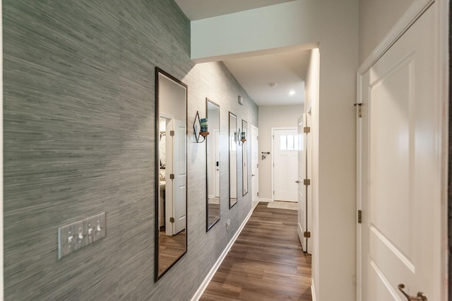 hallway featuring dark wood-type flooring