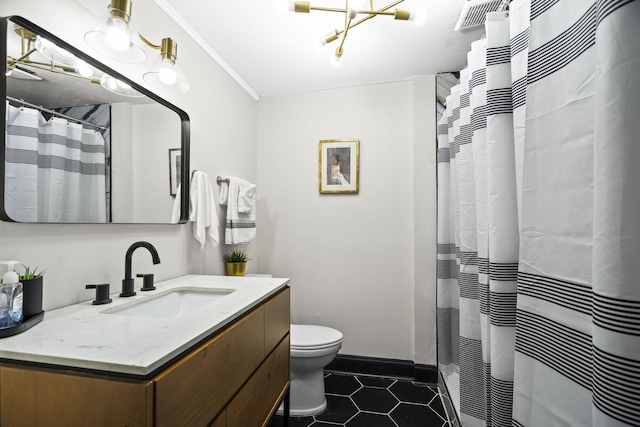 bathroom featuring vanity, a shower with shower curtain, and toilet