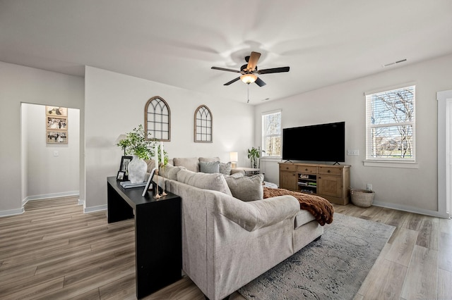 living room with ceiling fan, plenty of natural light, and light hardwood / wood-style floors