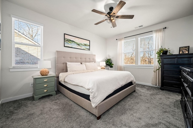 carpeted bedroom with ceiling fan