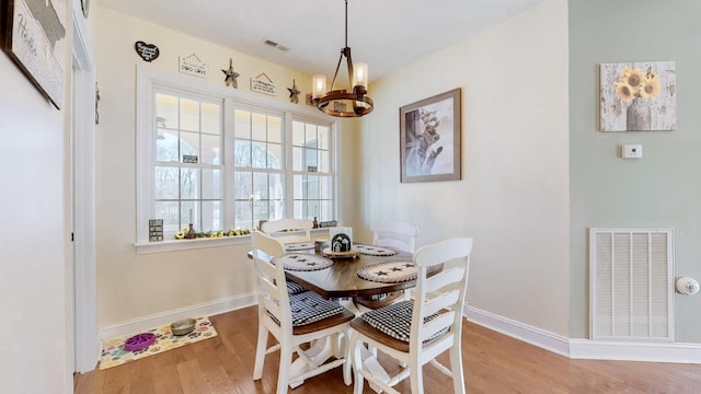 dining area featuring an inviting chandelier, wood finished floors, visible vents, and baseboards