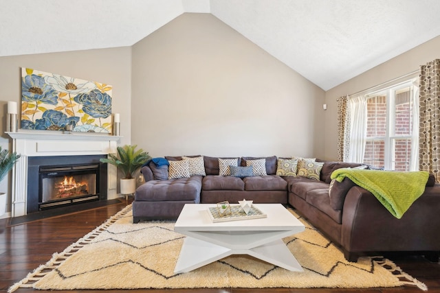 living room with lofted ceiling and dark hardwood / wood-style flooring