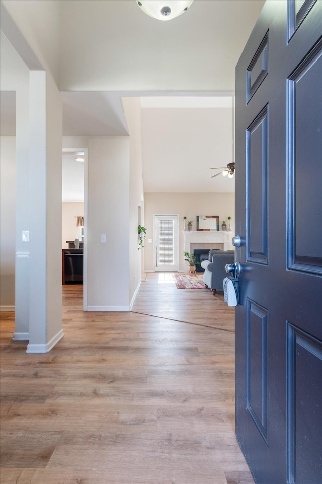 entryway featuring ceiling fan and light wood-type flooring