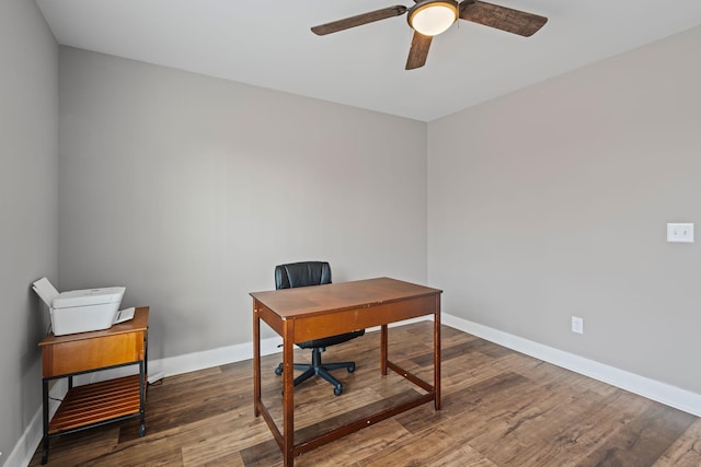 office space with hardwood / wood-style floors and ceiling fan