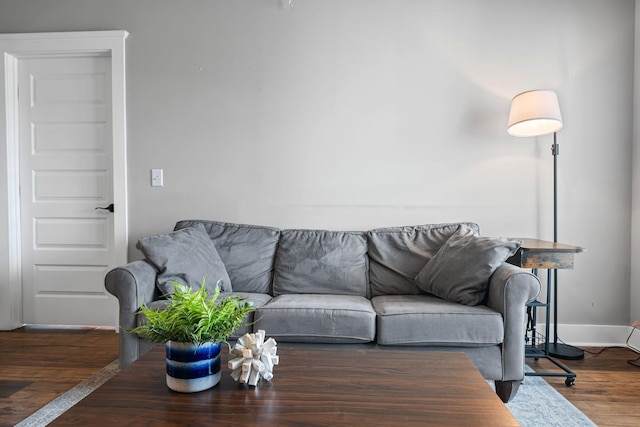 living room with dark hardwood / wood-style flooring