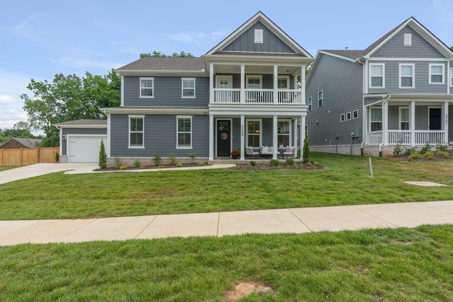 craftsman-style home featuring a garage, covered porch, and a front lawn