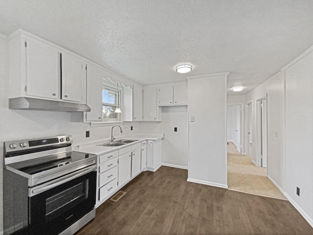 615 Lafayette Ct, Clarksville, TN 37042 - kitchen with a sink, white cabinetry, dark wood-style floors, under cabinet range hood, and stainless steel electric stove
