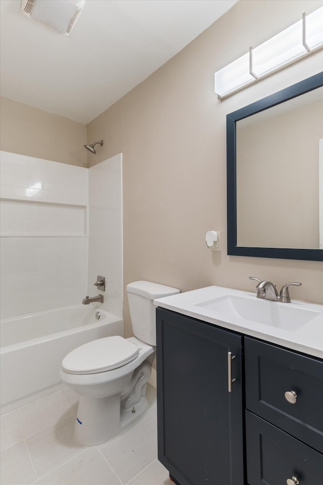 full bathroom with vanity, tub / shower combination, tile patterned floors, and toilet