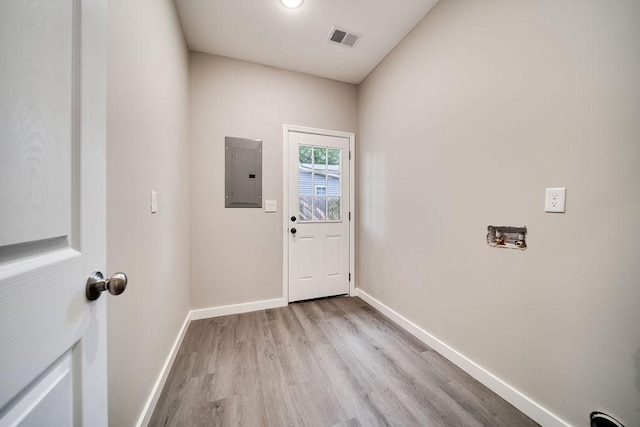 doorway to outside featuring electric panel and light wood-type flooring