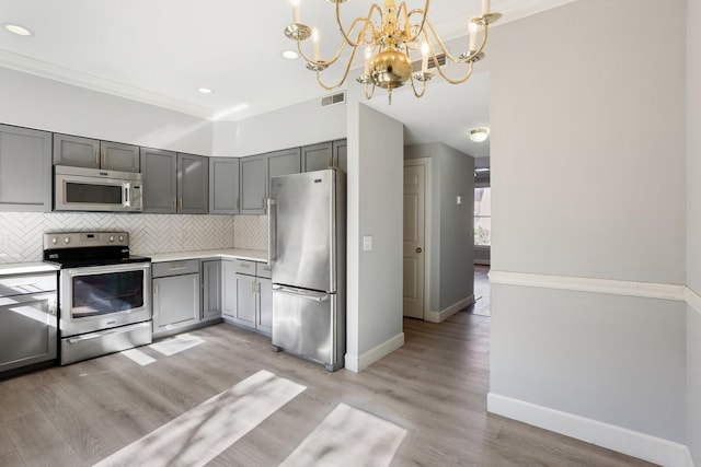 kitchen featuring hanging light fixtures, backsplash, gray cabinets, and stainless steel appliances