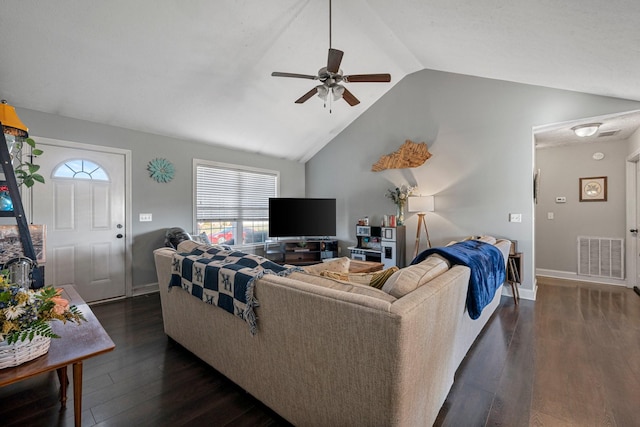 living room with vaulted ceiling, dark wood-type flooring, and ceiling fan