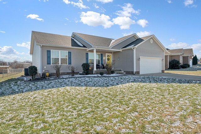 single story home with central AC, a porch, a garage, and a front yard