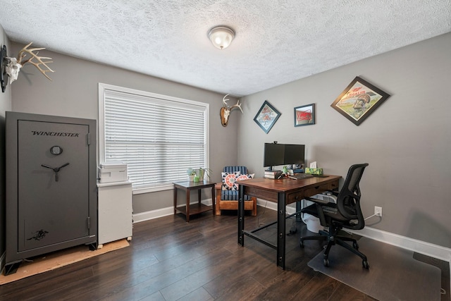 office area featuring dark hardwood / wood-style floors and a textured ceiling