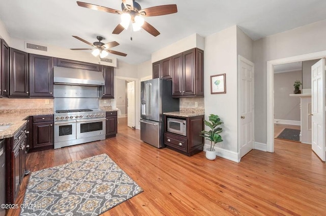 kitchen featuring tasteful backsplash, high end appliances, dark brown cabinets, and exhaust hood