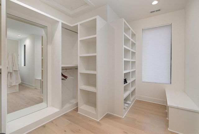 spacious closet featuring light hardwood / wood-style floors