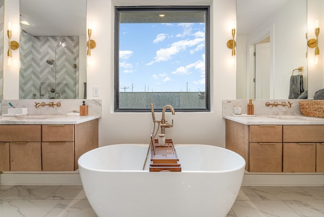 bathroom featuring vanity and plus walk in shower