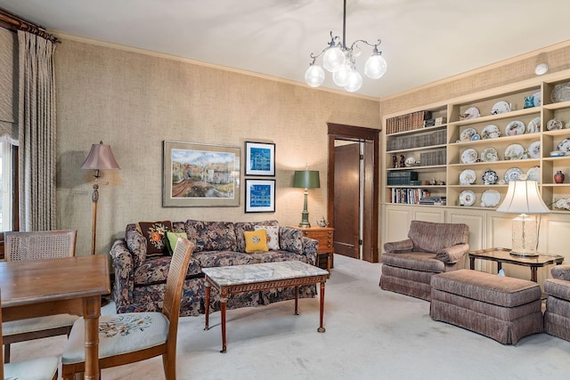 carpeted living room with an inviting chandelier and built in features