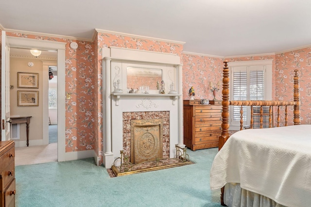 carpeted bedroom featuring ornamental molding