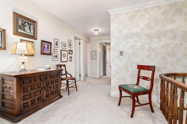 corridor with light carpet and crown molding