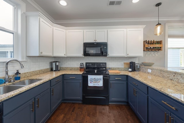 kitchen with blue cabinets, a sink, visible vents, white cabinets, and black appliances