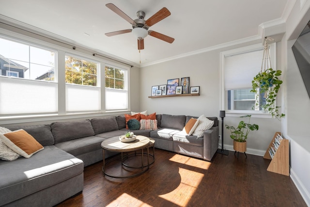 living room with baseboards, dark wood-style flooring, a ceiling fan, and crown molding