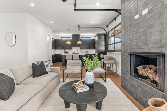 living room featuring sink, a fireplace, and light hardwood / wood-style flooring