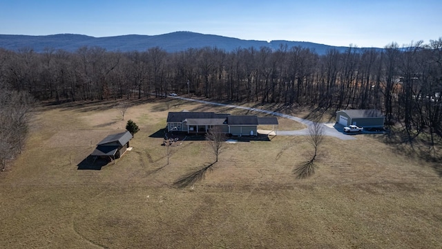 drone / aerial view featuring a mountain view