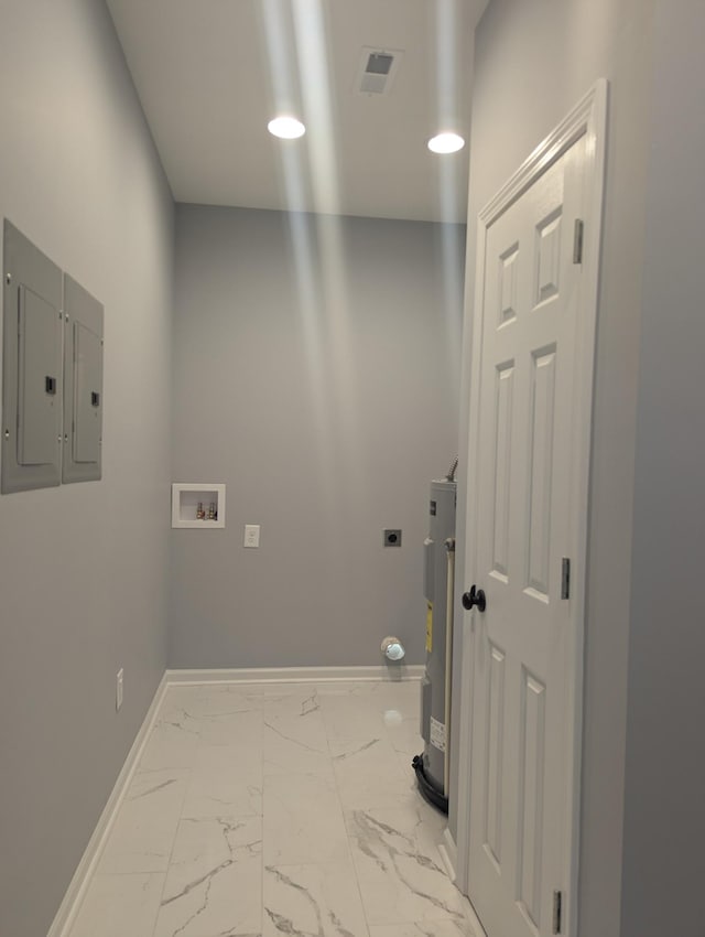 clothes washing area featuring washer hookup, hookup for an electric dryer, electric panel, and water heater