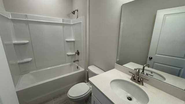 full bathroom with shower / bath combination, vanity, tile patterned floors, and toilet